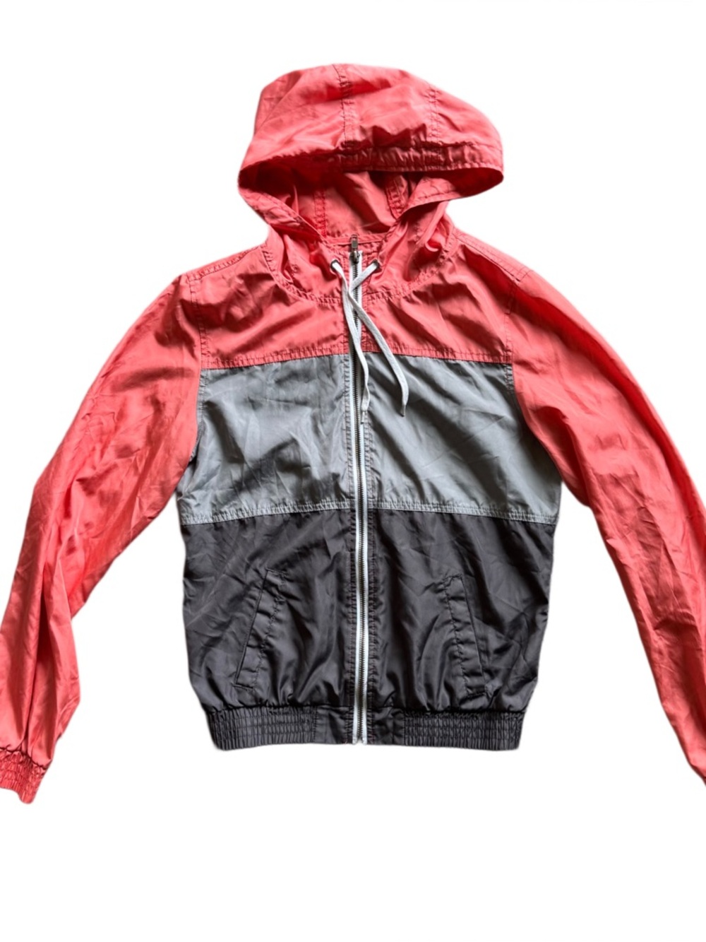 Zine Color-block Hooded Zip Up Windbreaker Jacket - Coral, Gray & Black - Medium